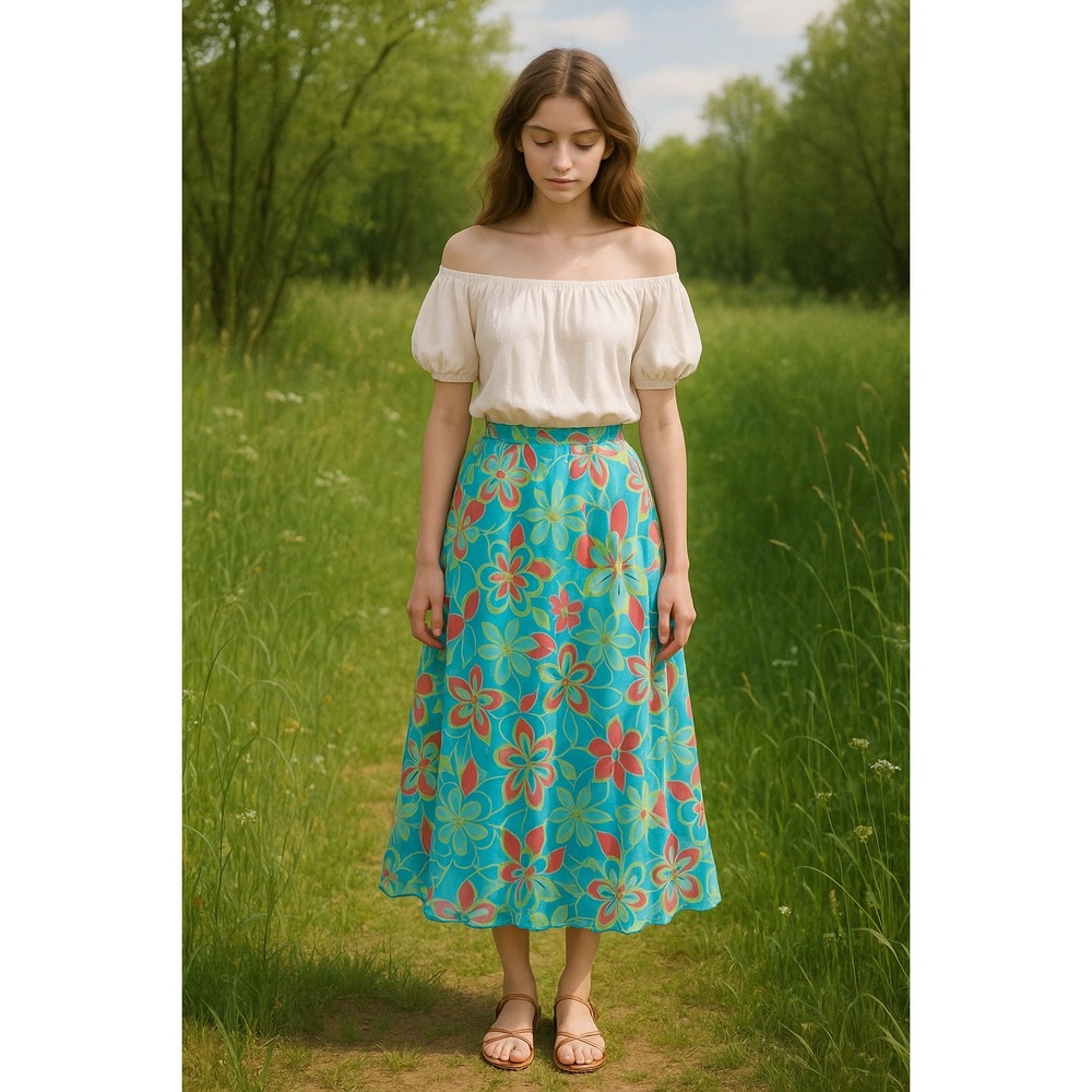 Light Fairy Cottage Y2K Boho 90s Flowy Light Blue Floral Semi Sheer Midi M Skirt